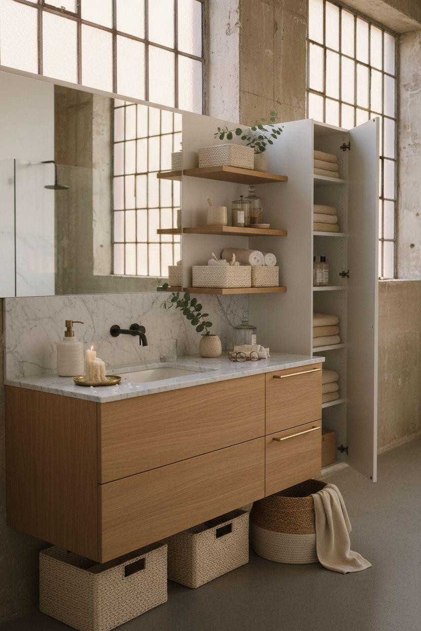 small bathroom storage with handleless oak cabinets