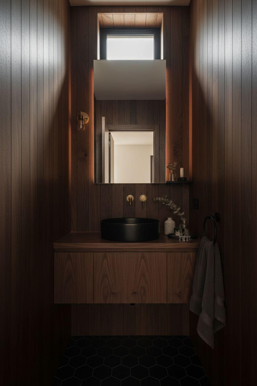 small dark bathroom with white oak vanity and Carrara marble sink