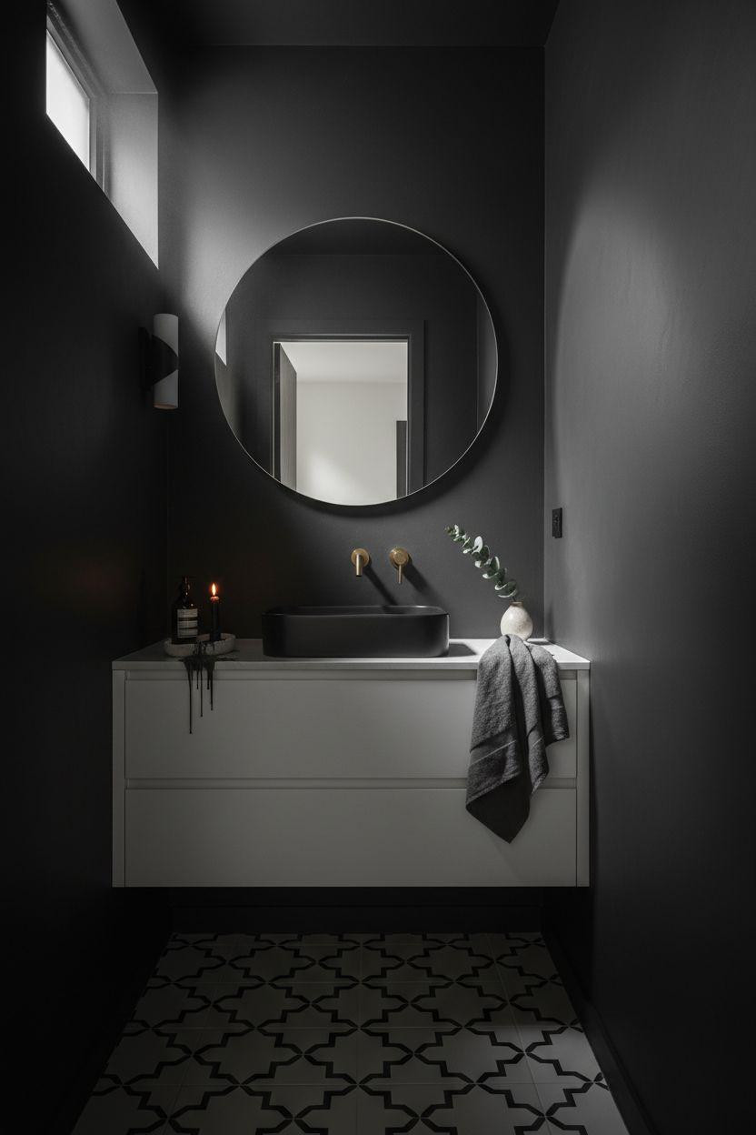 small dark bathroom with exposed painted brick and walnut vanity