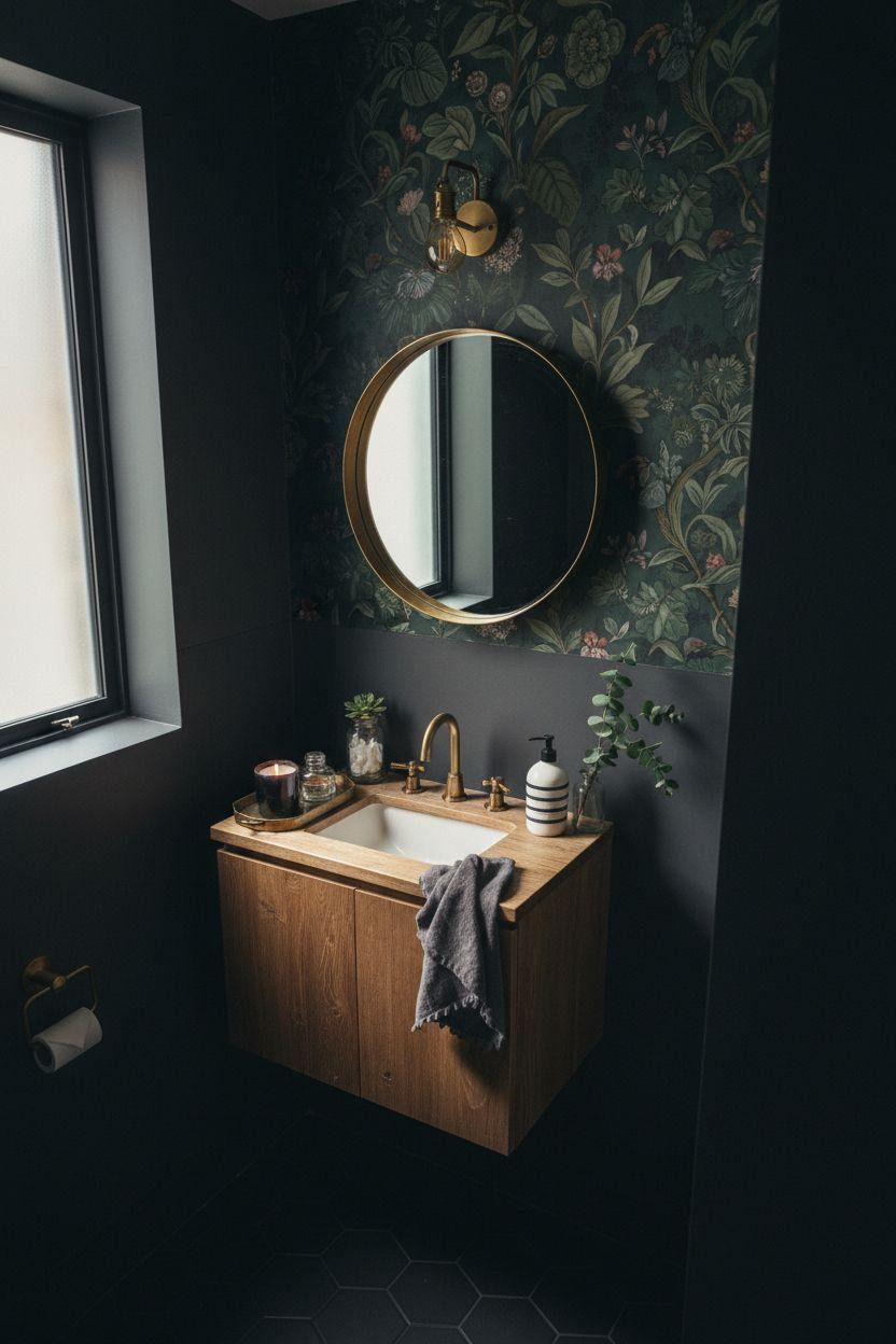 small dark bathroom with geometric floor tiles and charcoal walls