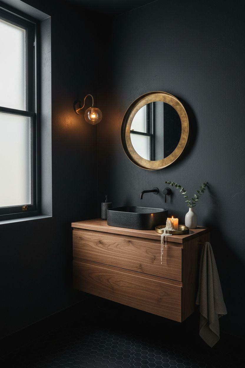 small dark bathroom with charcoal walls and weathered oak vanity