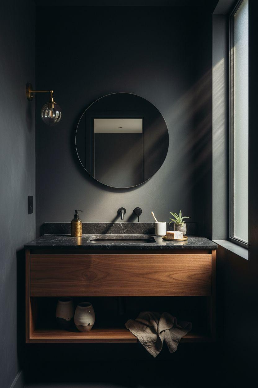 small dark bathroom with black zellige tiles and warm walnut vanity