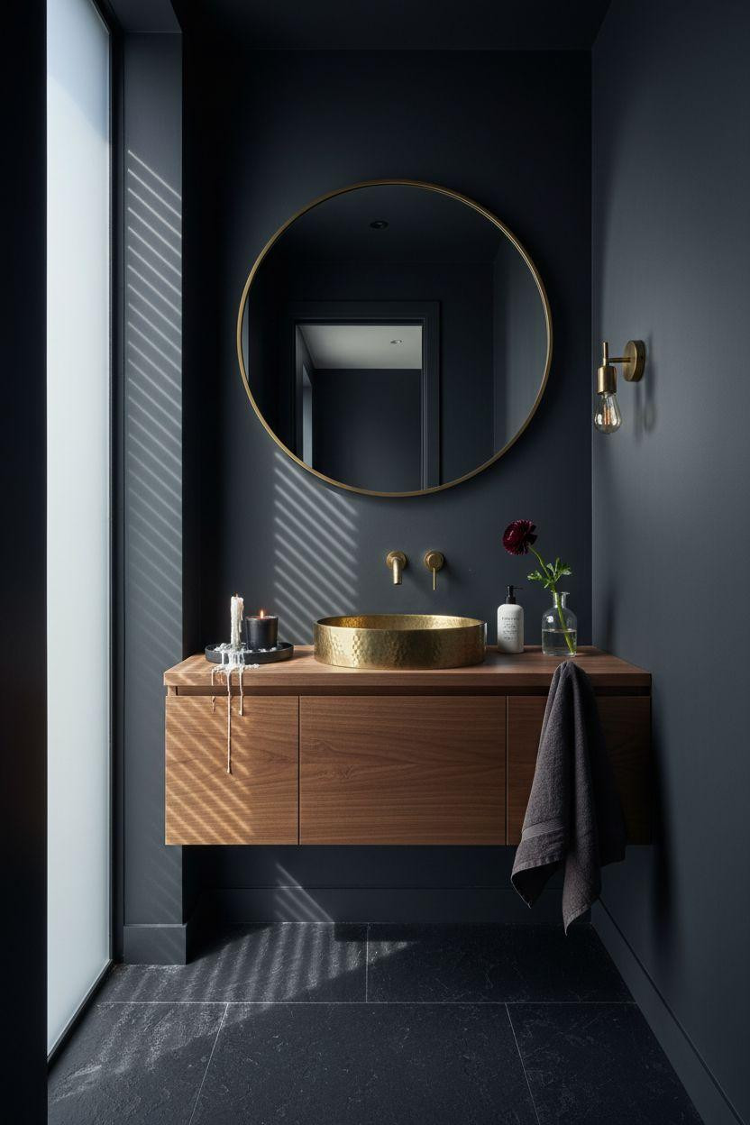 small dark bathroom with deep charcoal walls and hammered brass sink