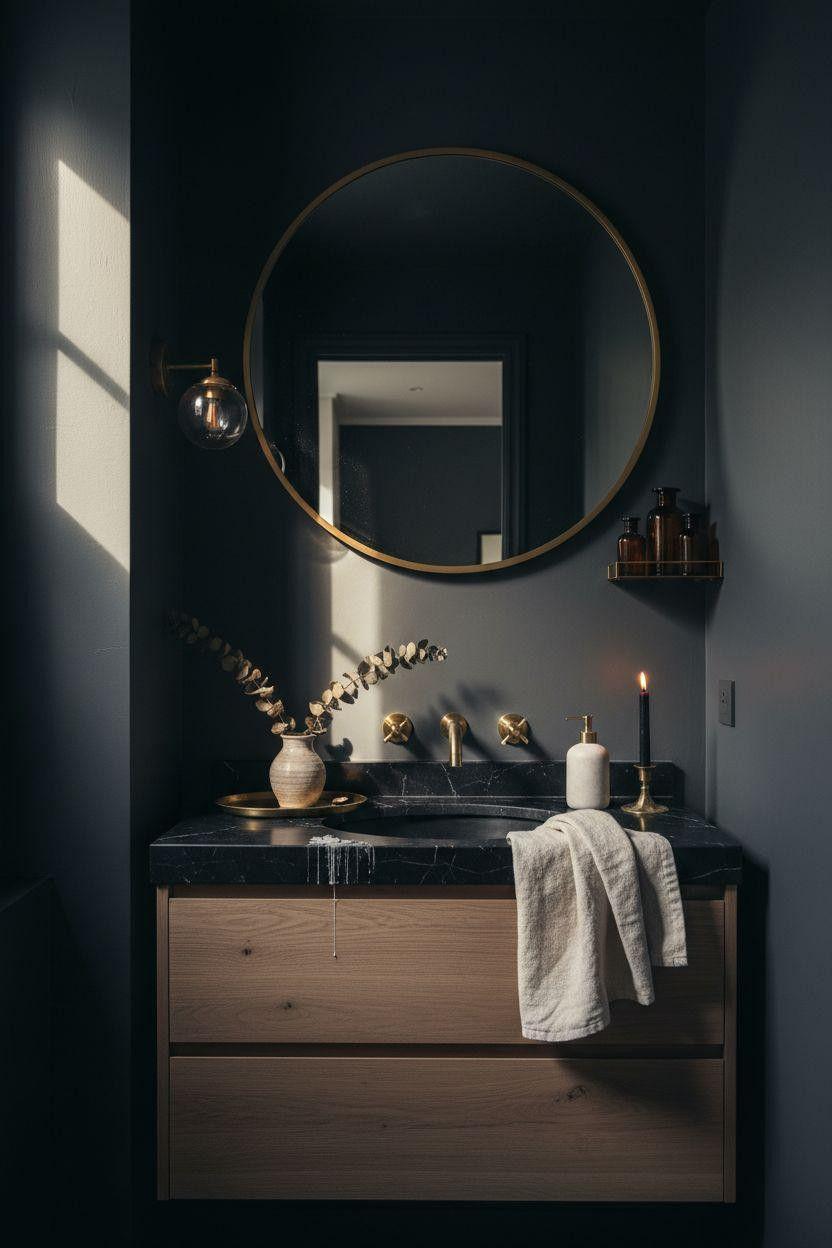 small dark bathroom with charcoal painted walls and white oak floating vanity