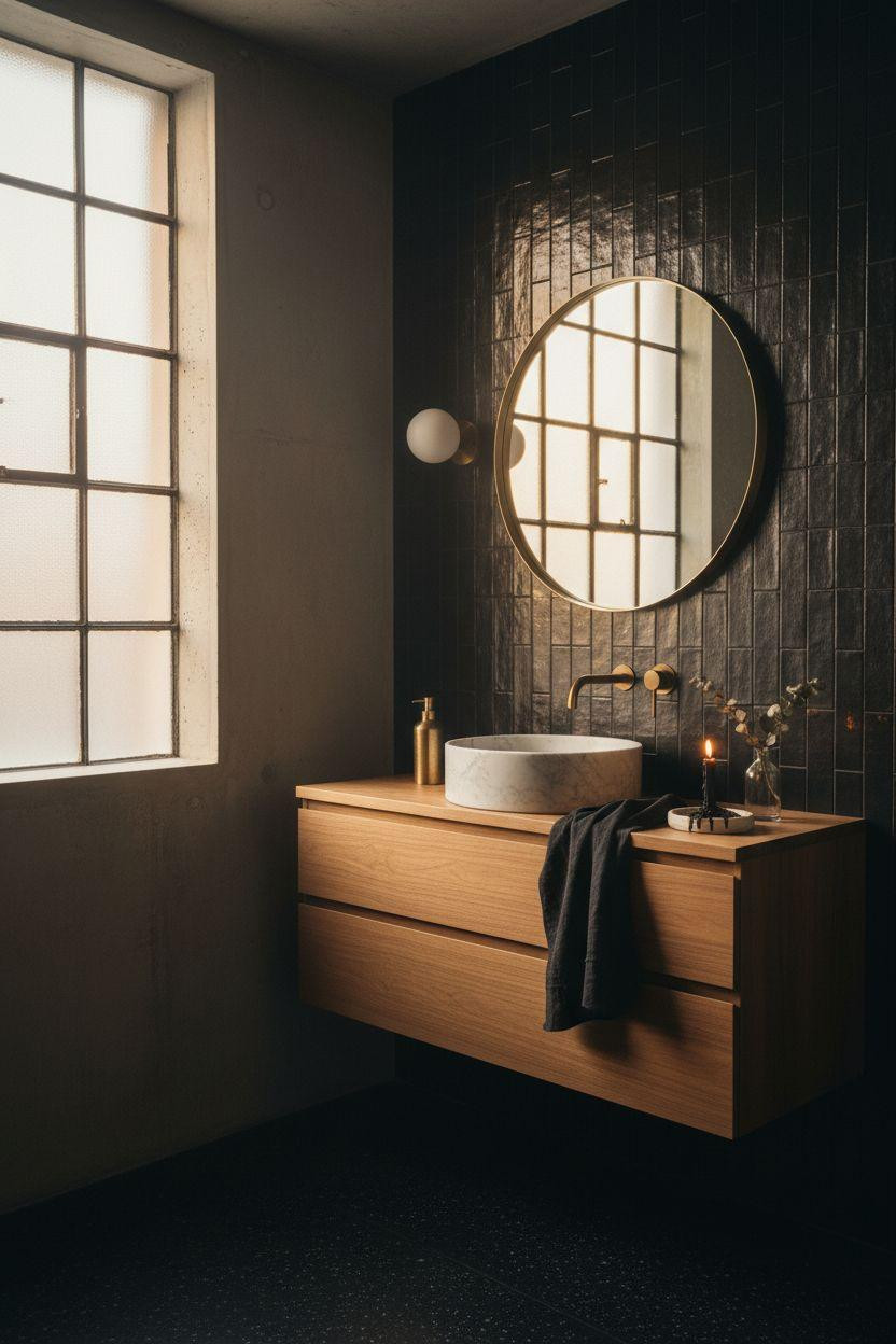 small dark bathroom with black zellige tiles and floating walnut vanity