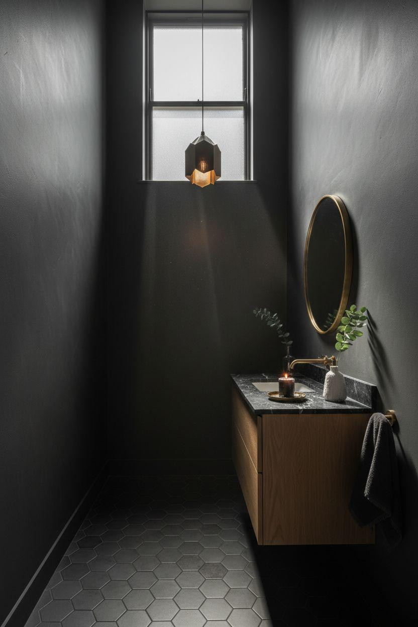 small dark bathroom with brass pendant light and marble countertop