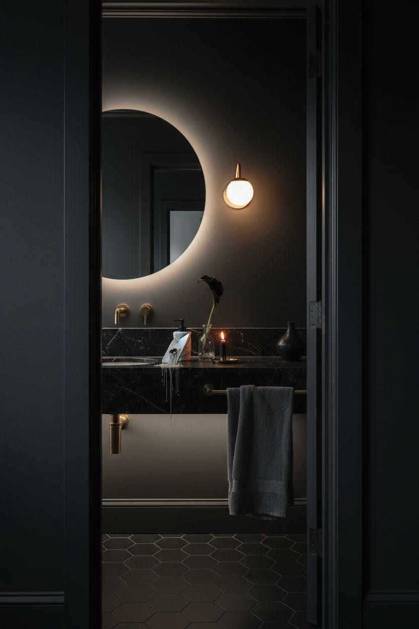 small dark bathroom viewed through black framed doorway