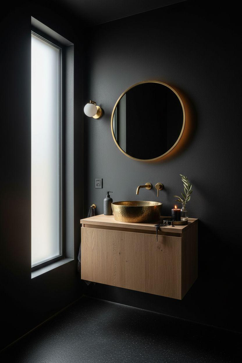 small dark bathroom with hand-hammered brass vessel sink