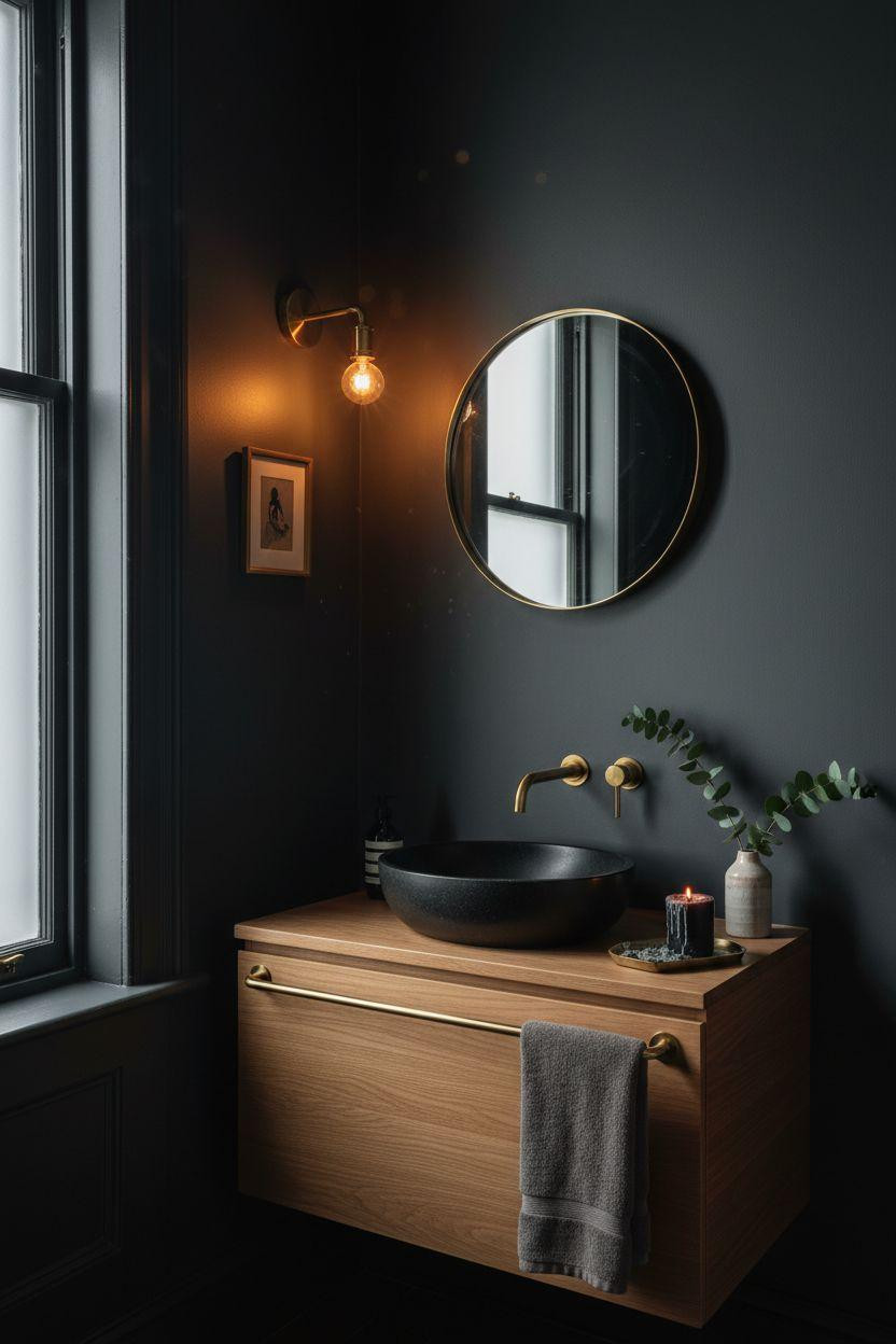 small dark bathroom with charcoal walls and white oak vanity