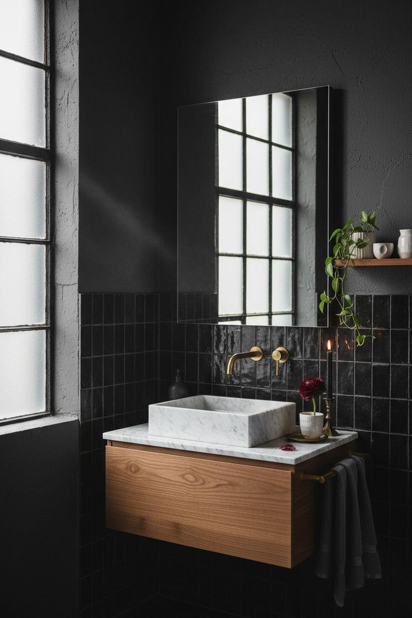 small dark bathroom with white oak vanity and black granite sink