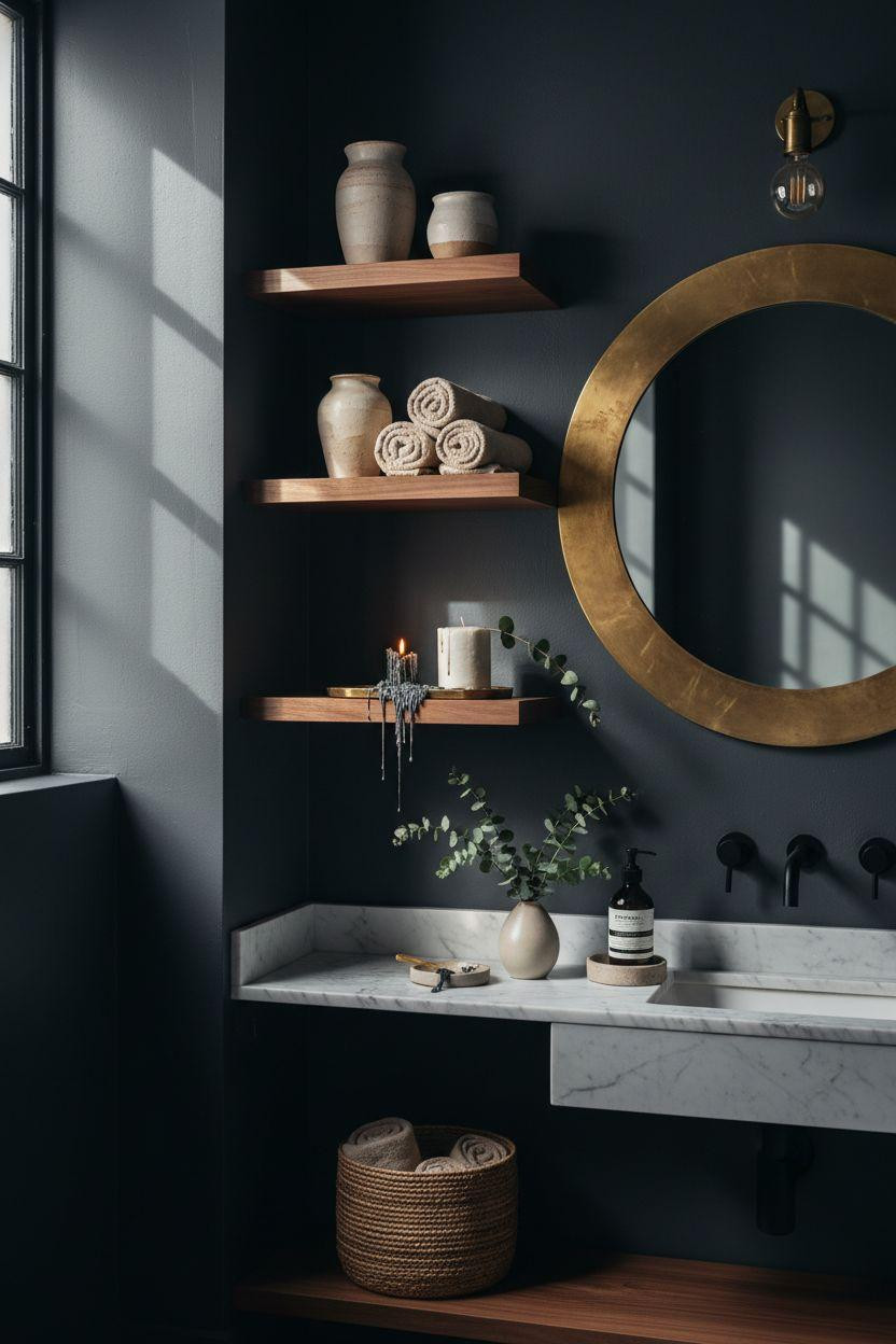 small dark bathroom with black zellige tiles and walnut floating vanity