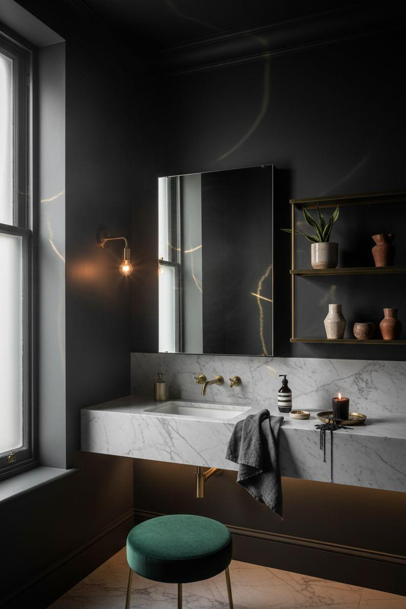 small dark bathroom with walnut floating shelves and Carrara marble