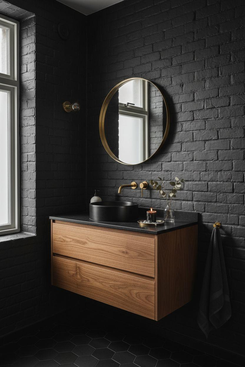small dark bathroom with Victorian molding and white marble vanity