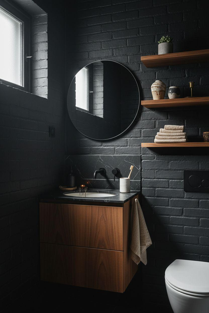 small dark bathroom with exposed painted brick and walnut vanity