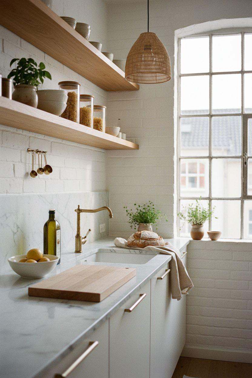 kitchen ideas for small spaces - white and wood contrast