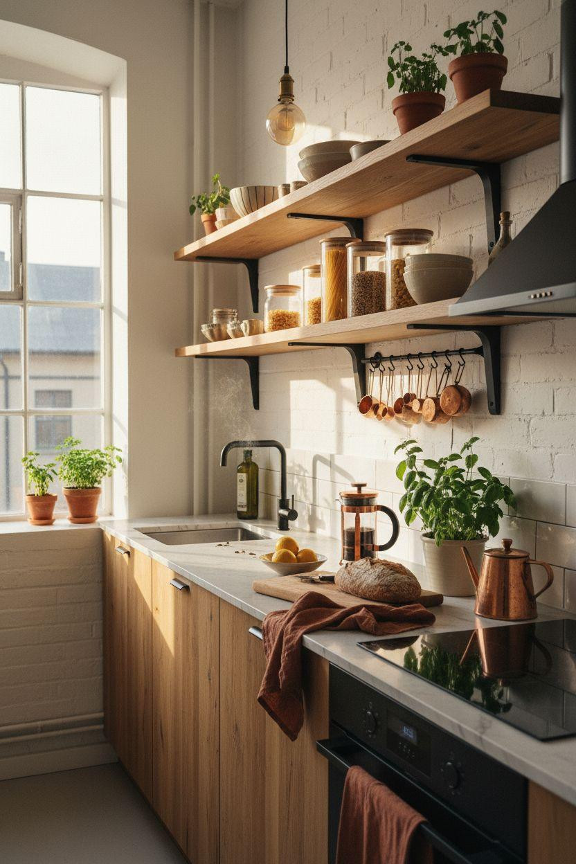 kitchen ideas for small spaces - oak cabinets with textiles