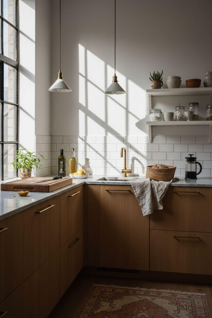 Small Kitchen galley with brass hardware