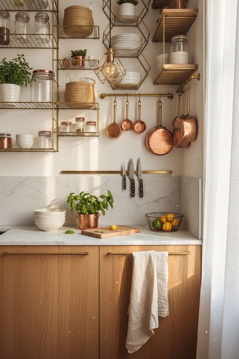 Kitchen Storage Ideas - geometric brass shelving