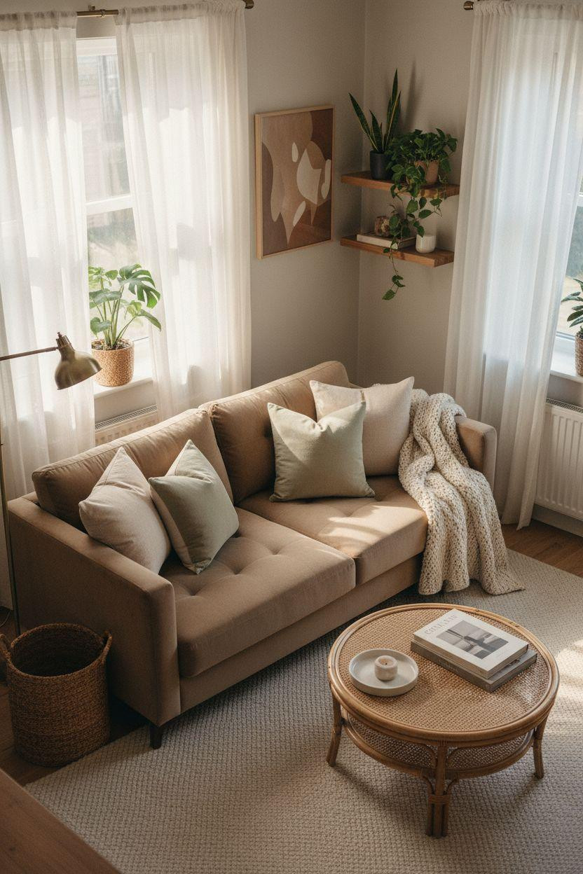 Small lounge ideas with natural rattan and cozy layered textiles