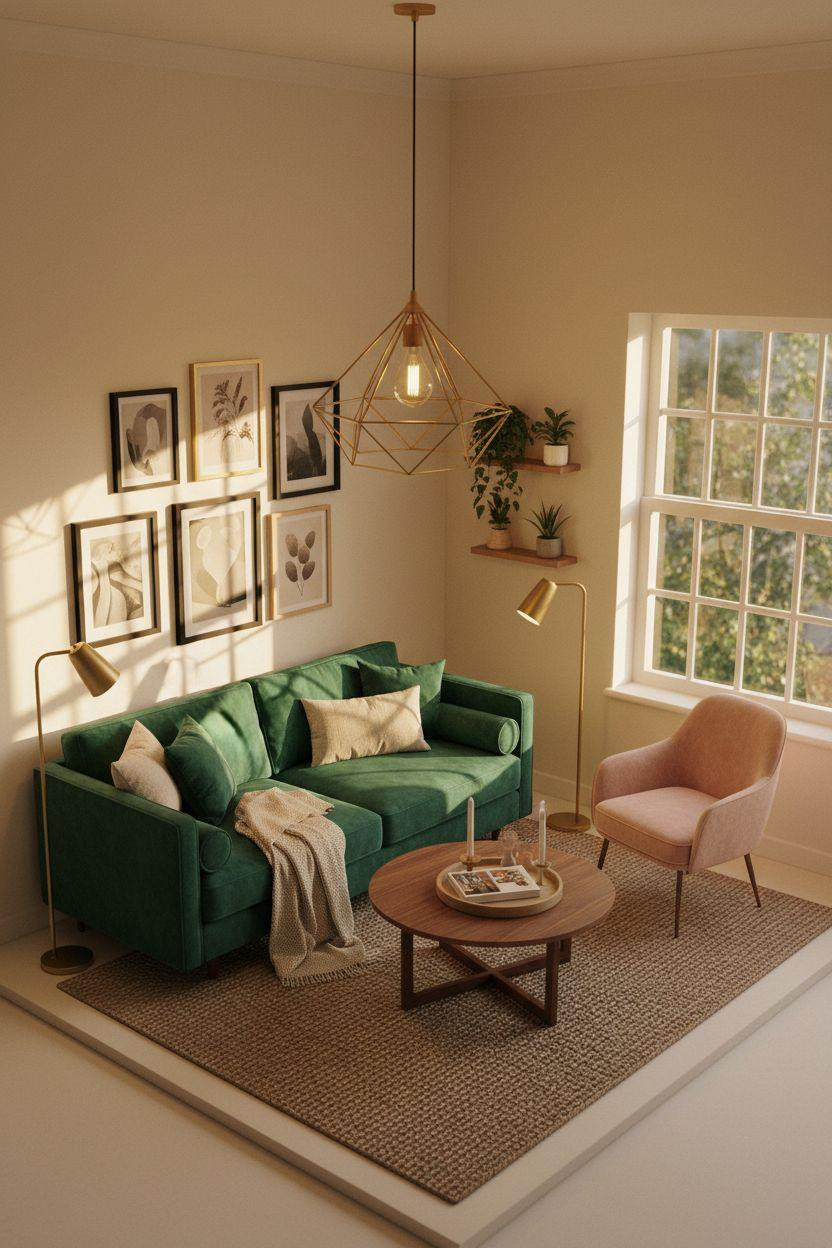 Small lounge ideas featuring emerald velvet and statement lighting