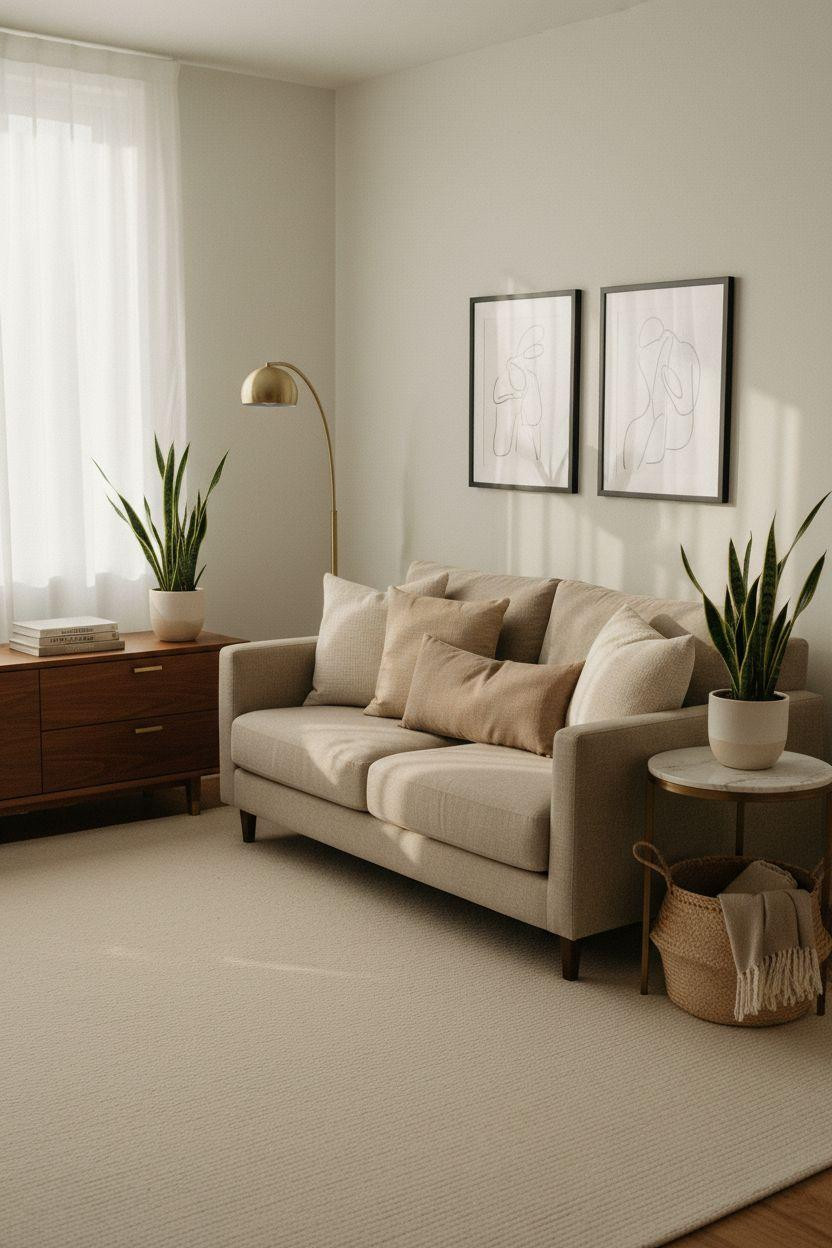 Small lounge ideas with greige tones and polished brass hardware