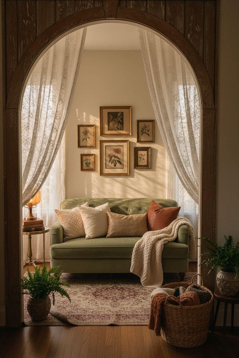 Small lounge ideas with vintage brass and nostalgic warm lighting