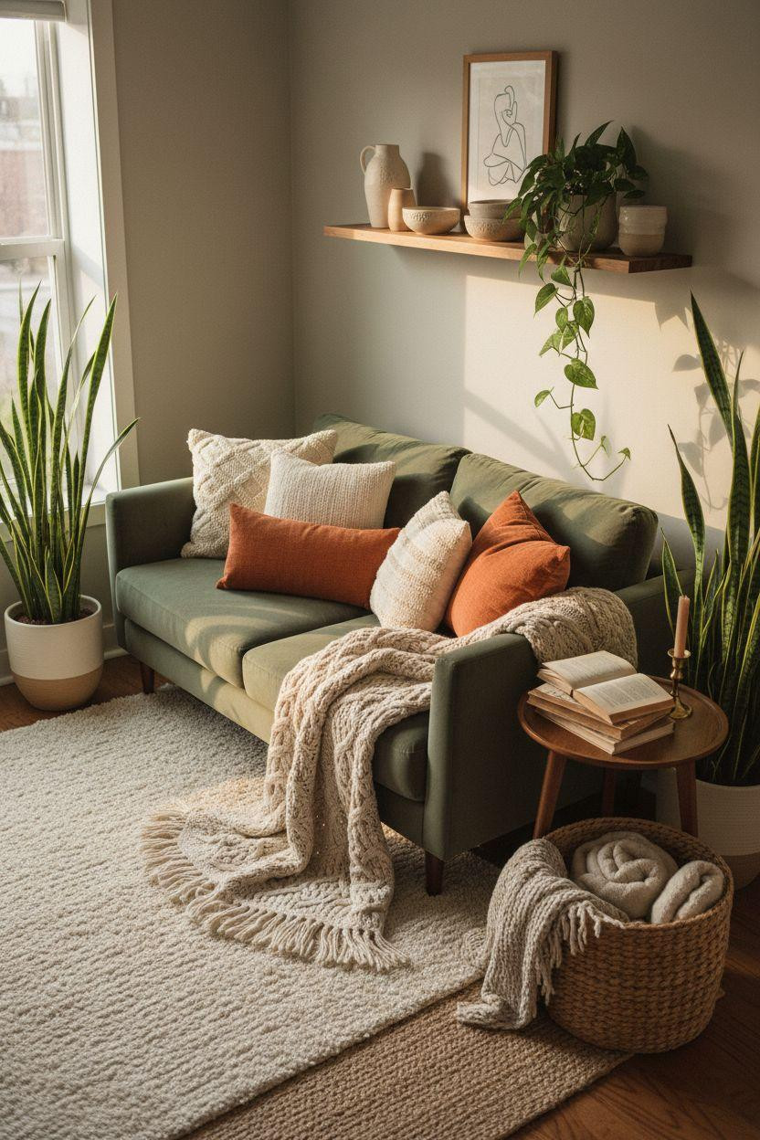 Small lounge ideas featuring layered sage and warm rust tones