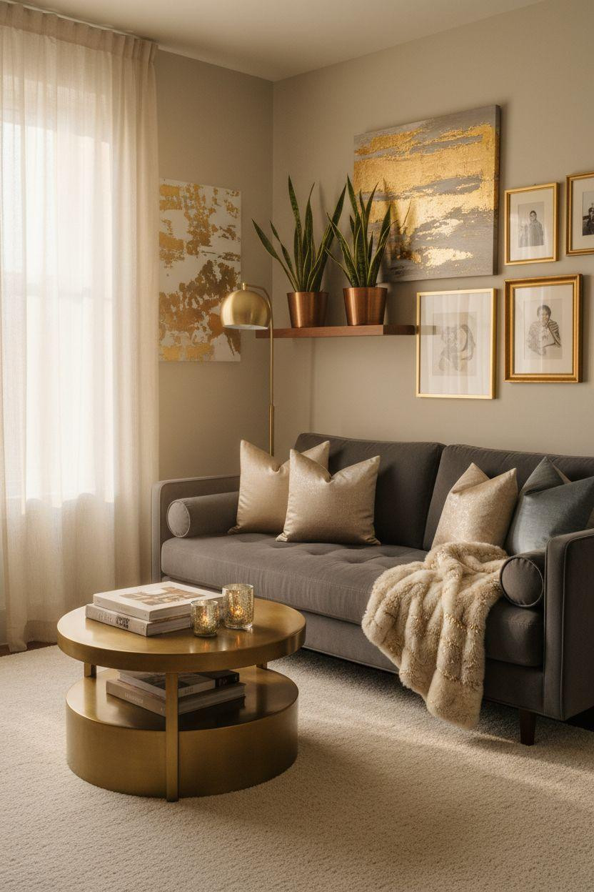Small lounge ideas with charcoal velvet and gold metallic accents