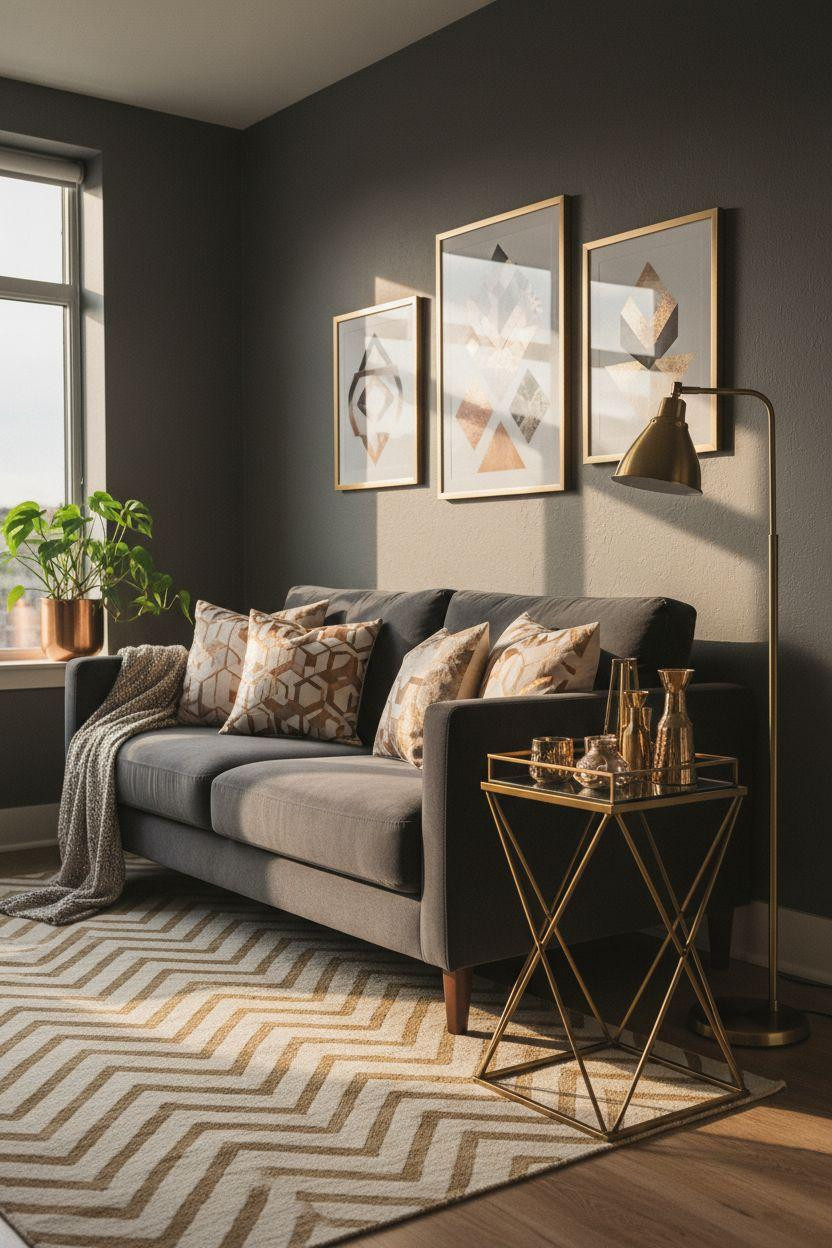 Small lounge ideas featuring geometric accents and metallic finishes