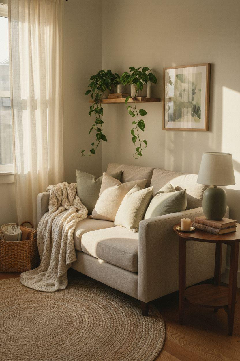 Small lounge ideas with warm oatmeal and natural walnut tones