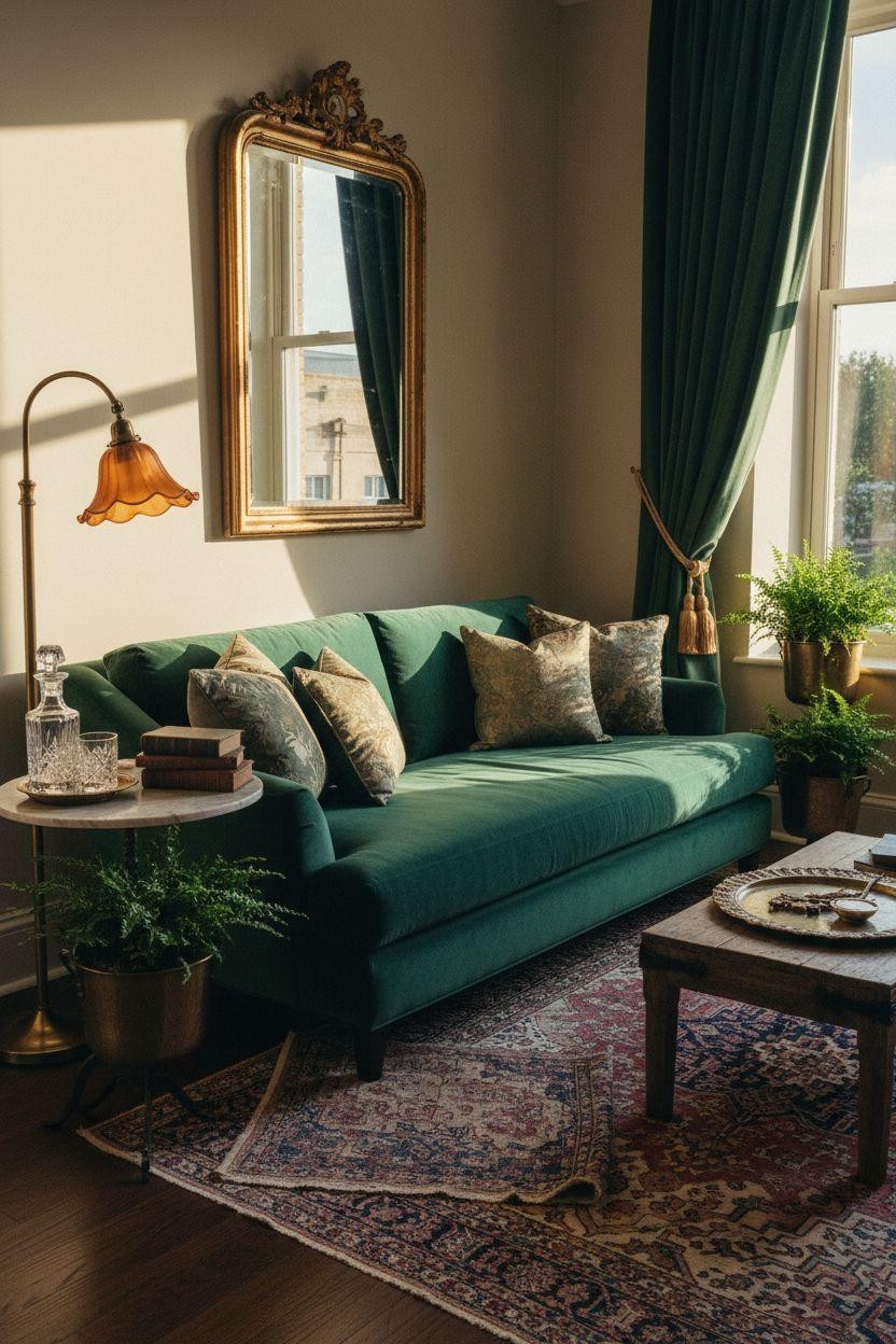 Small lounge ideas featuring rich emerald and vintage brass details