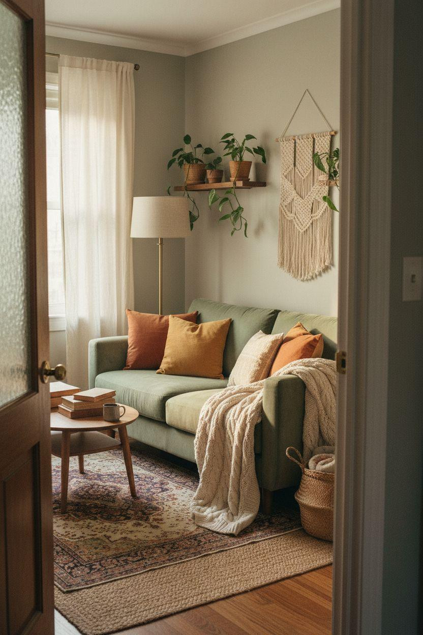 Small lounge ideas with sage green and eclectic textile layers