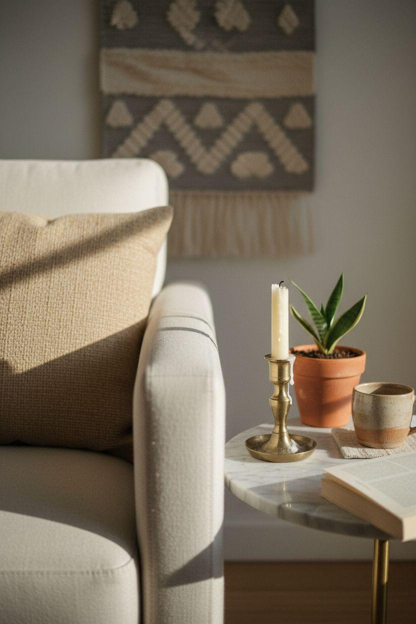 Small lounge ideas featuring minimal styling and marble accents