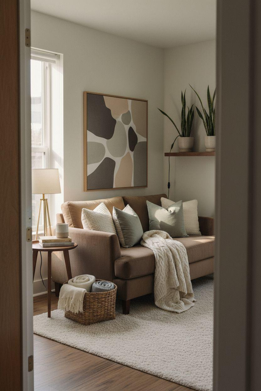 Small lounge ideas with charcoal velvet and cozy ambient lighting