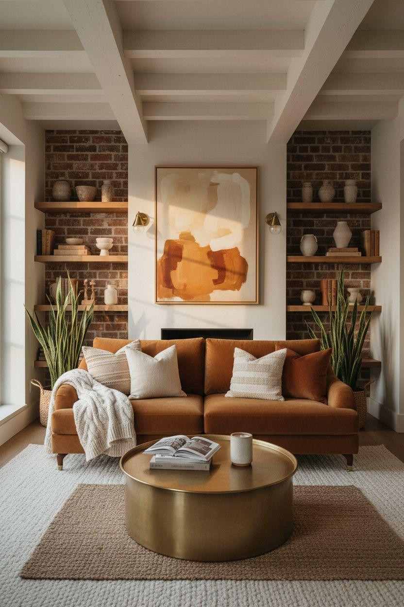Small lounge ideas with caramel velvet and exposed brick details