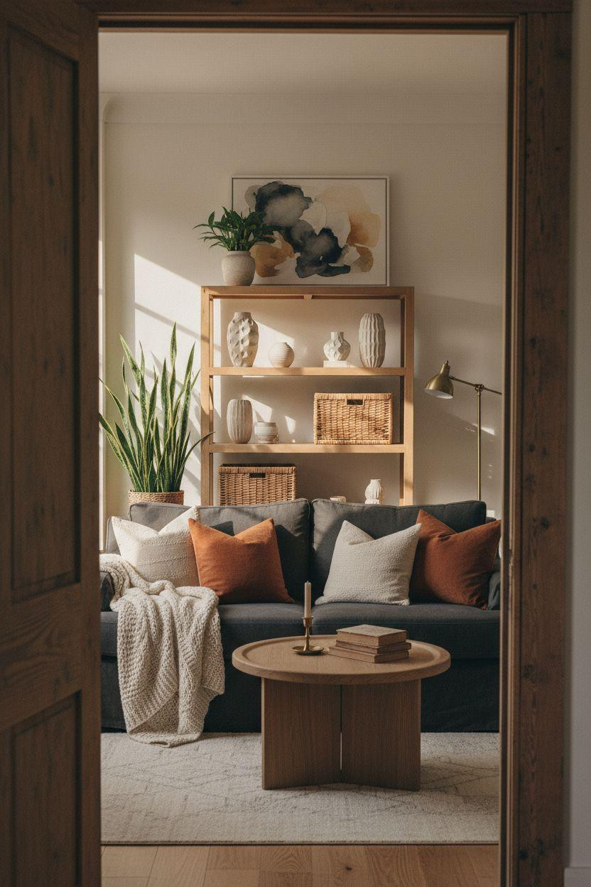 Small lounge ideas with charcoal seating and oak storage display