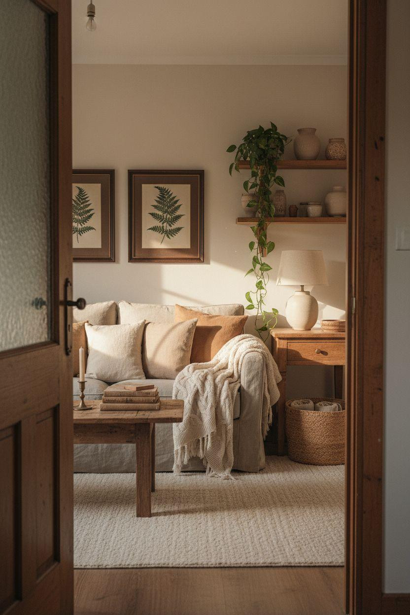 Small lounge ideas featuring oatmeal linen and reclaimed wood details