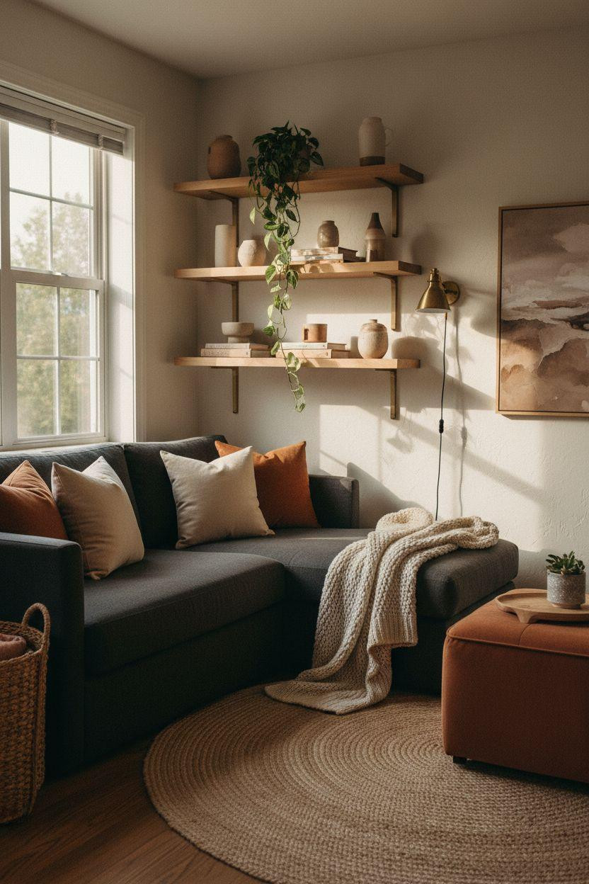 Small lounge ideas featuring charcoal sofa and natural oak shelving
