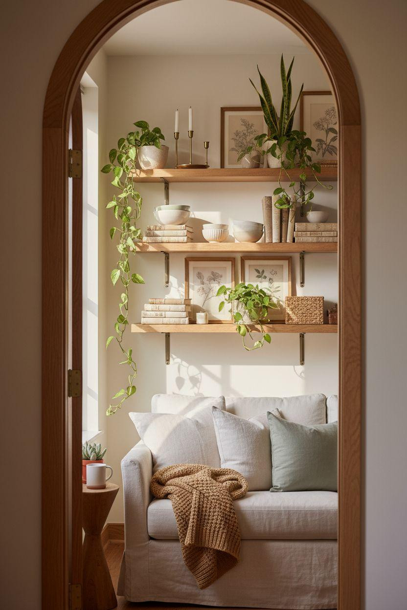 Small lounge ideas featuring vertical shelving and cozy textiles