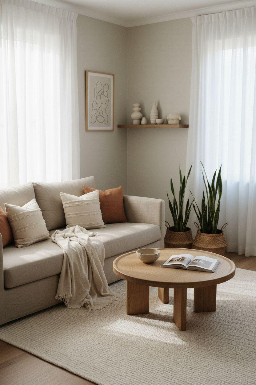 Small lounge ideas with eclectic minimal styling and natural light