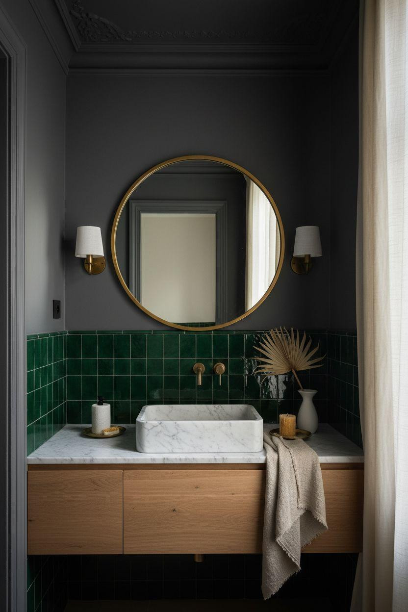 Small powder room with charcoal gray walls and emerald zellige tiles