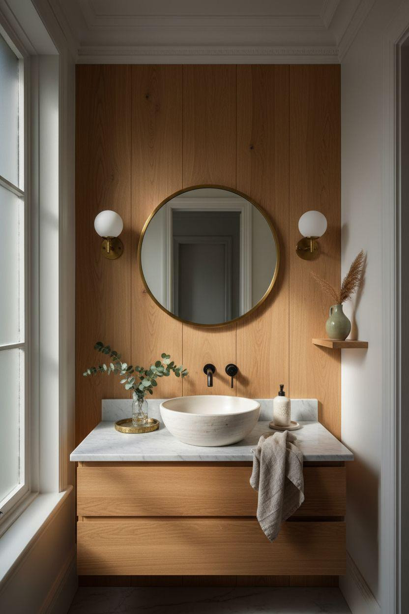 Small powder room with warm honey oak vertical paneling