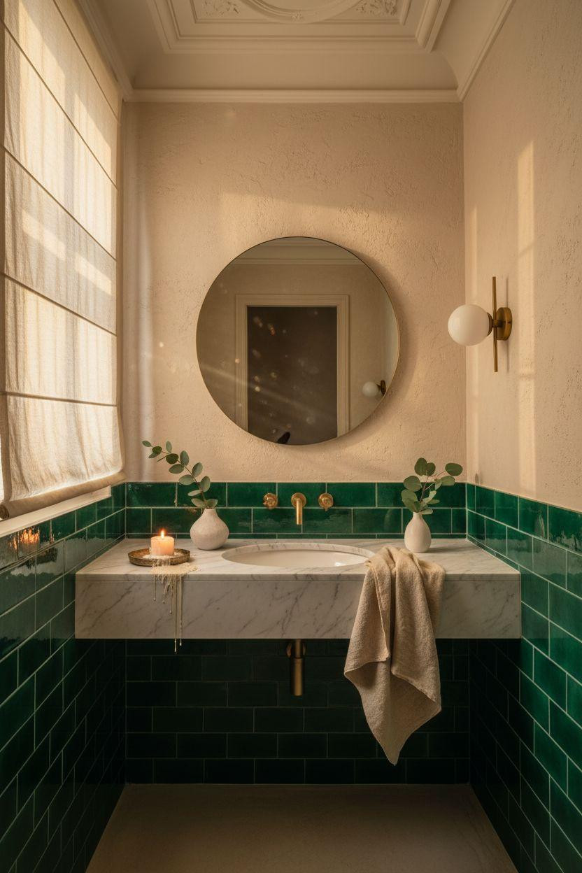 Small powder room with marble floating vanity and emerald zellige accent wall
