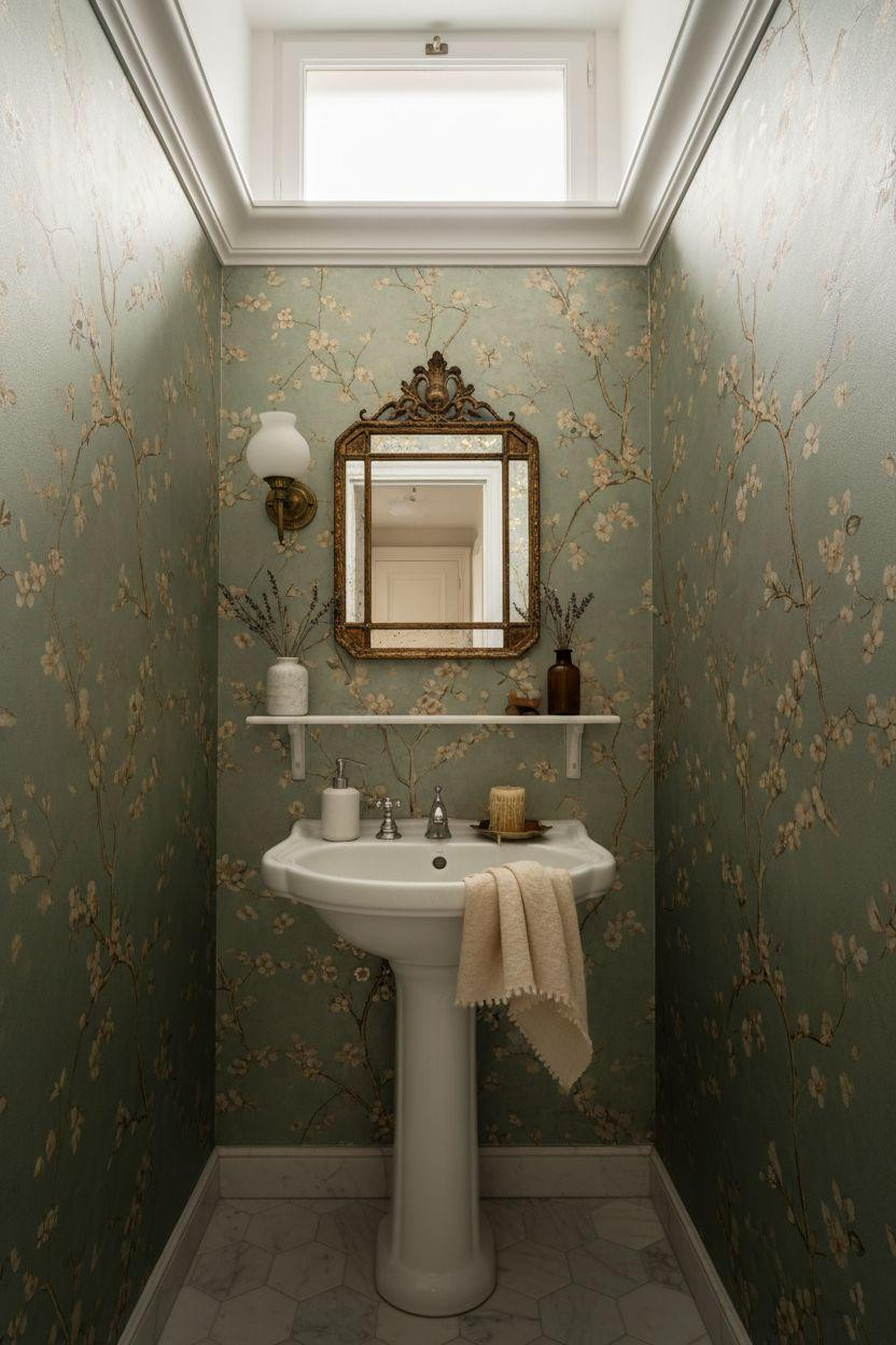 Small powder room with Parisian chinoiserie wallpaper in sage green