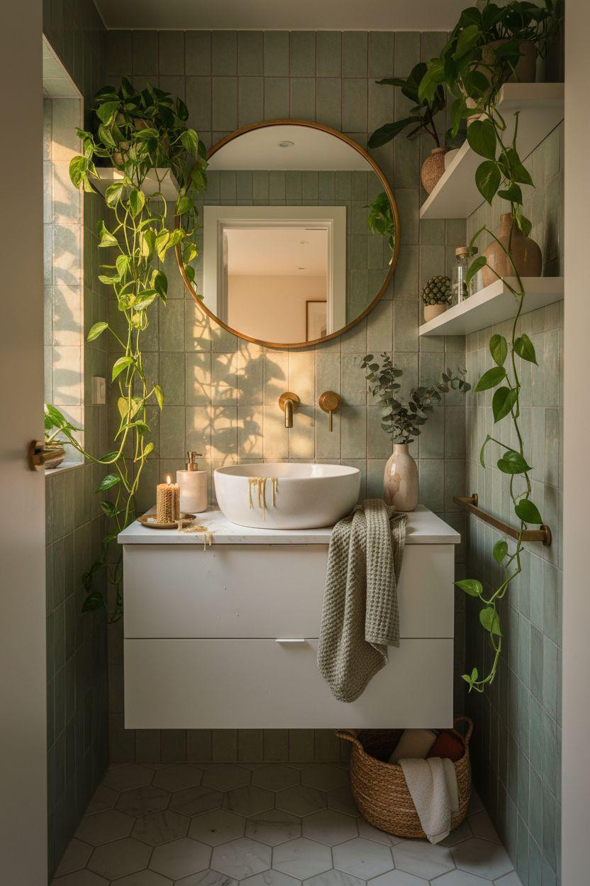Small powder room with sage green zellige tiles and brass fixtures