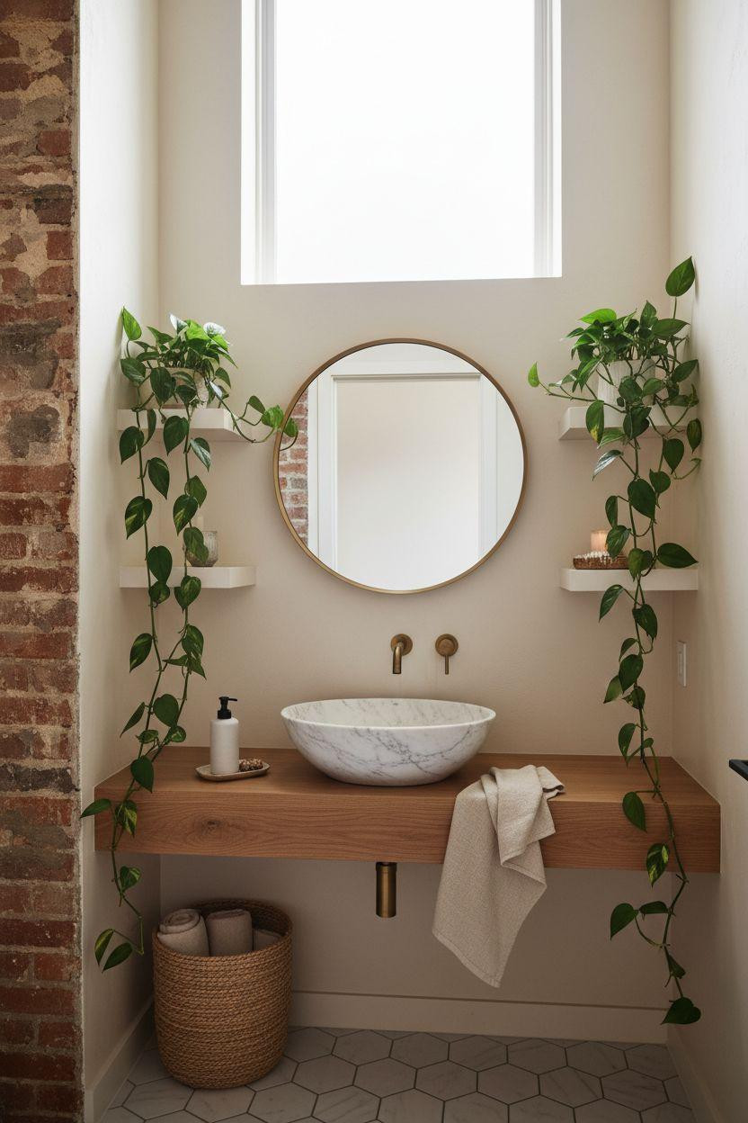 Small powder room filled with trailing pothos plants and white oak shelves
