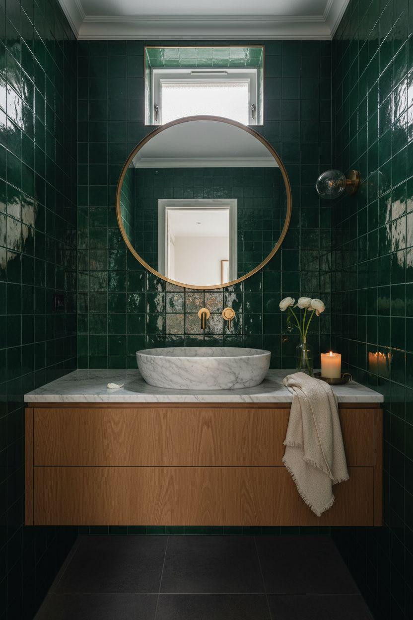 Small powder room with dramatic emerald zellige tile and marble vessel sink