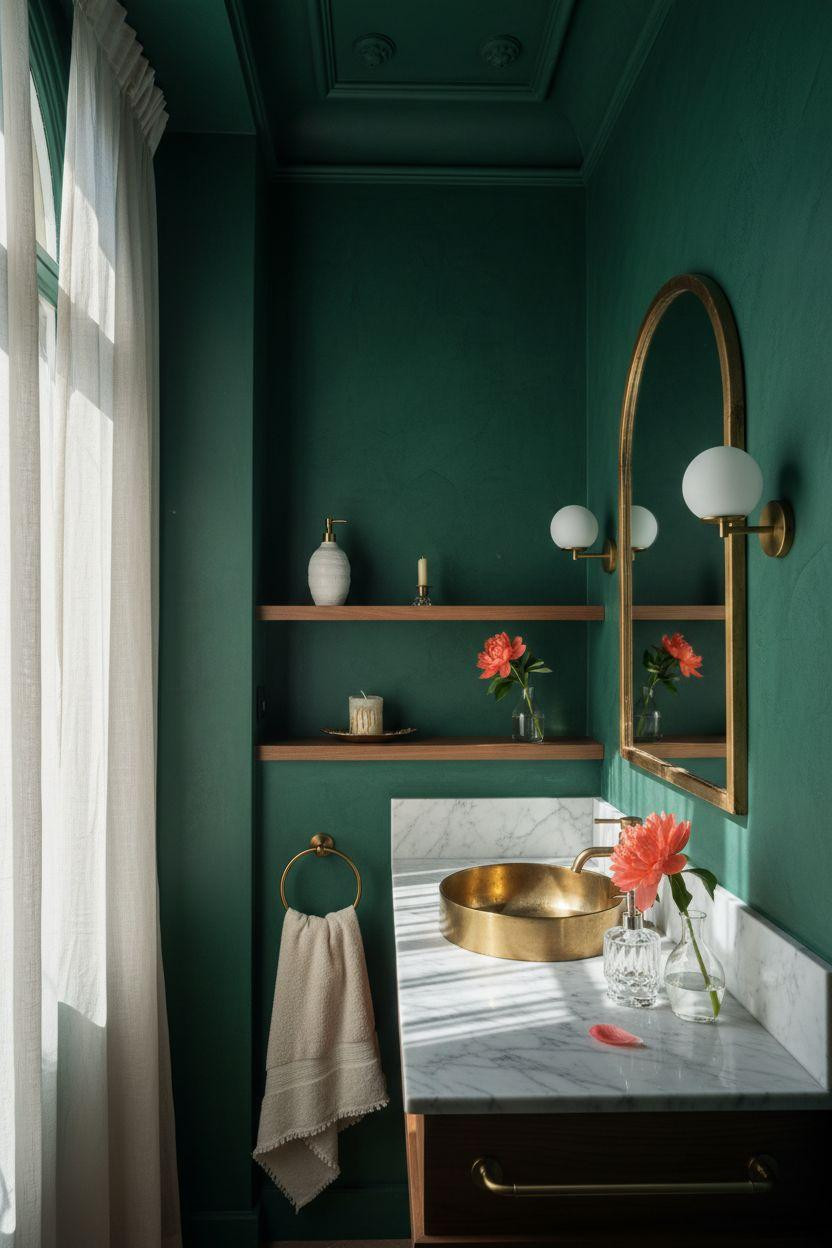 Small powder room with Parisian-inspired emerald walls and gold accents