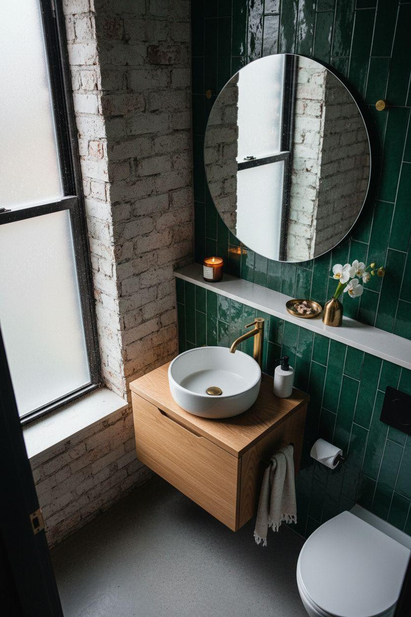 Overhead view of small powder room with emerald green zellige tile