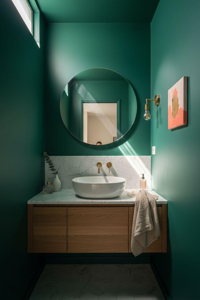 Small powder room with emerald green walls and brass fixtures